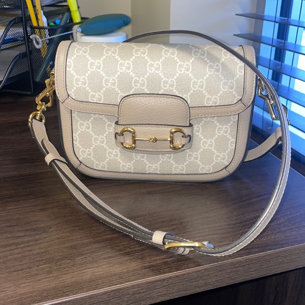 Beige and White Gucci Horsebit 1955 Mini bag